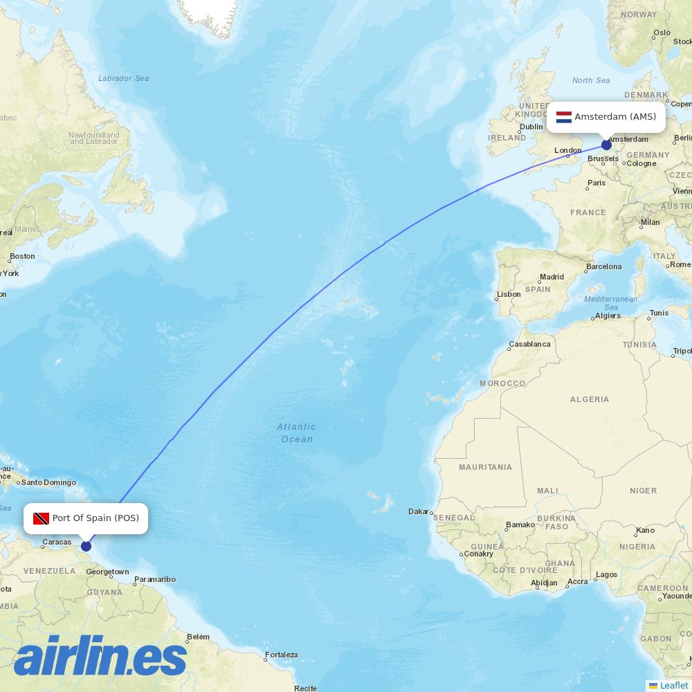 KLM from Piarco destination map