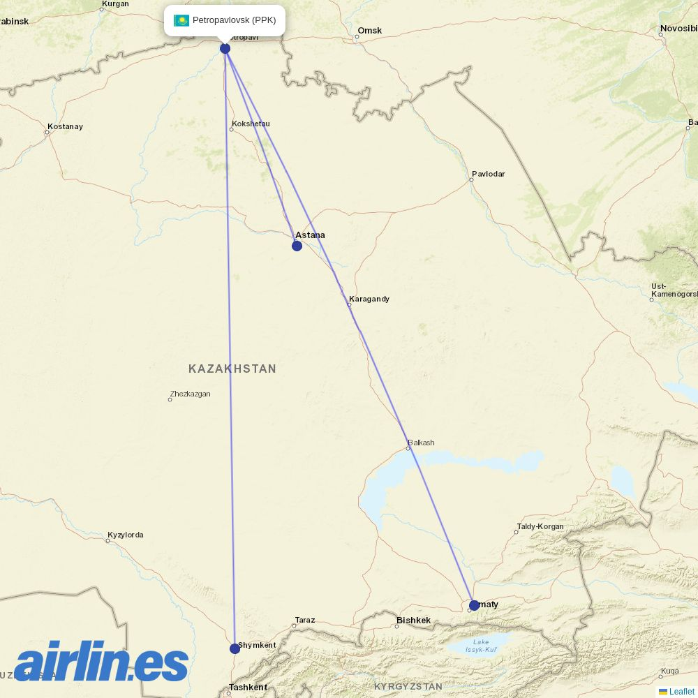 Qazaq Air from Petropavlovsk Airport destination map