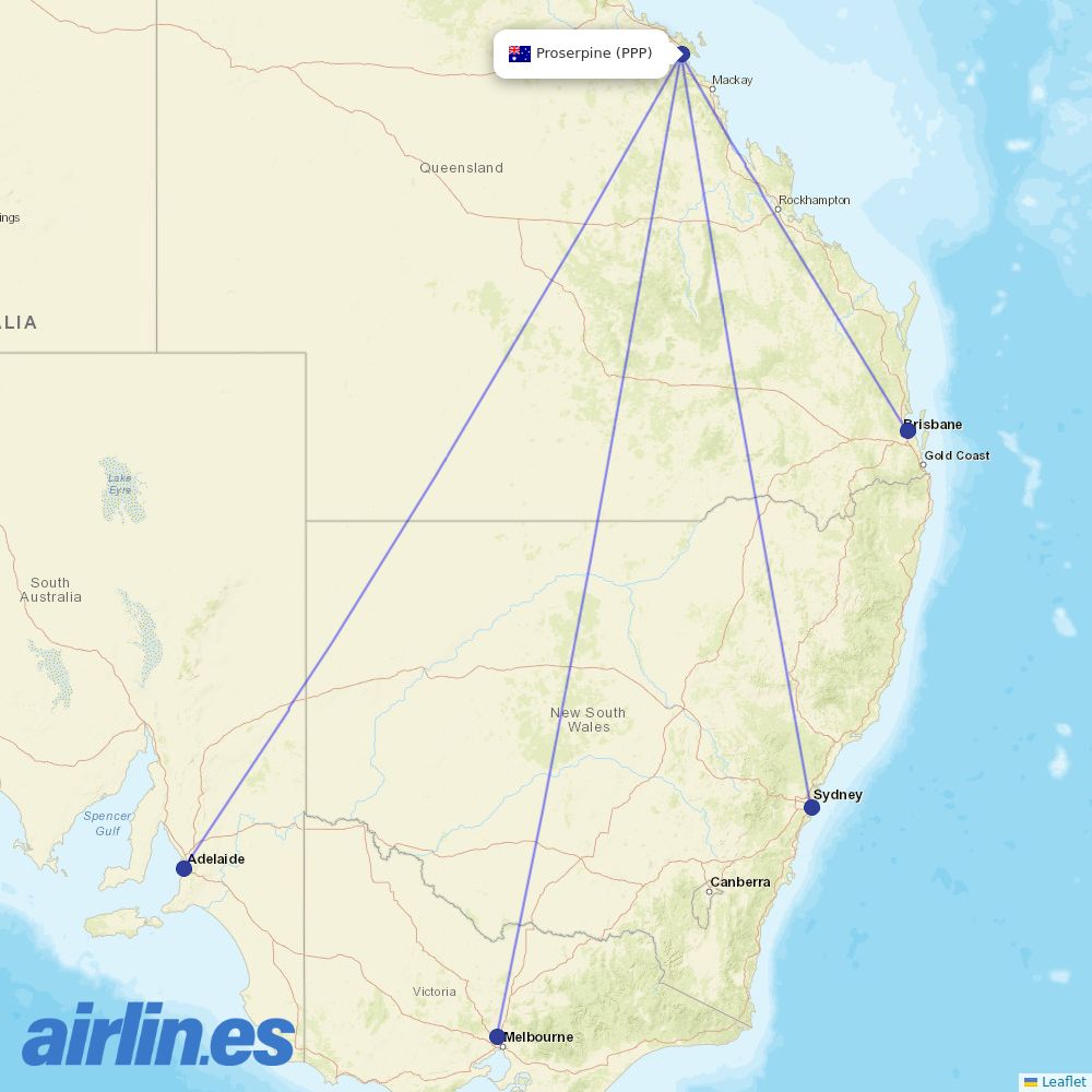 Jetstar from Proserpine destination map