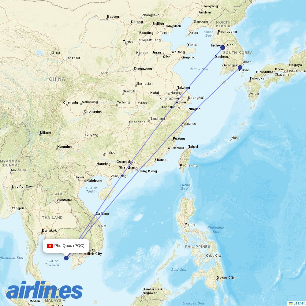 Eastar Jet from Duong Dong Airport destination map