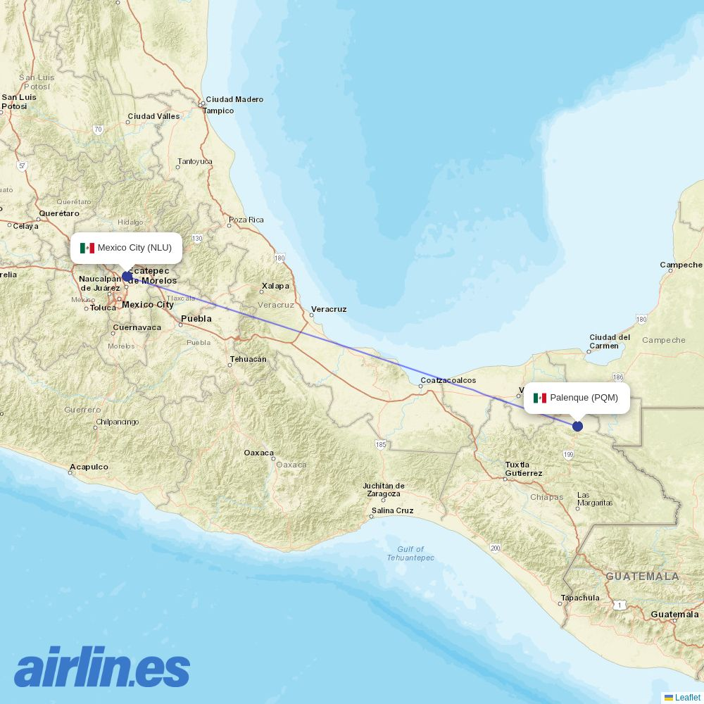 Mexicana de Aviación from Palenque destination map