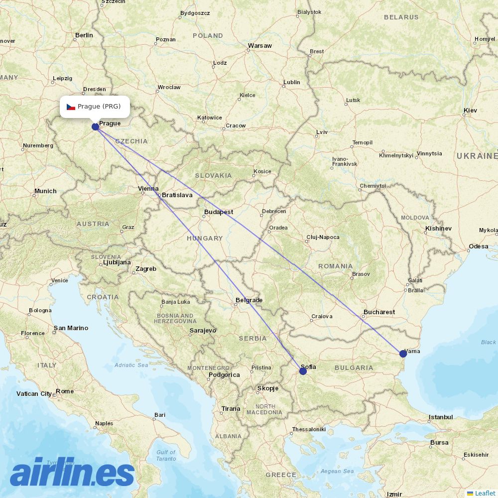 Bulgaria Air from Václav Havel Airport Prague destination map