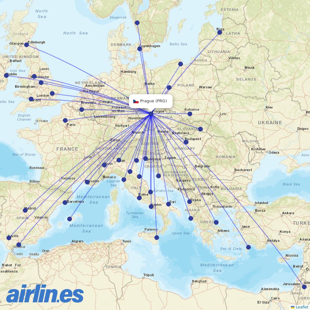 Ryanair from Václav Havel Airport Prague destination map