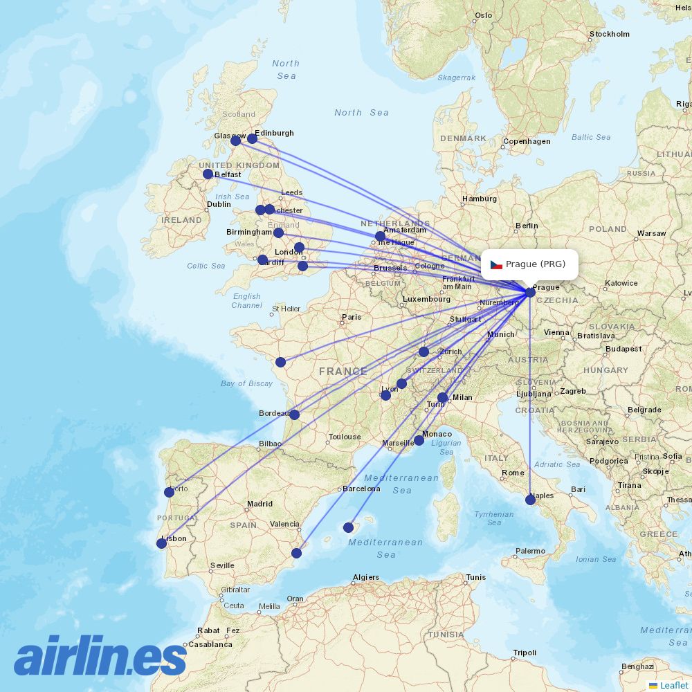 easyJet from Václav Havel Airport Prague destination map