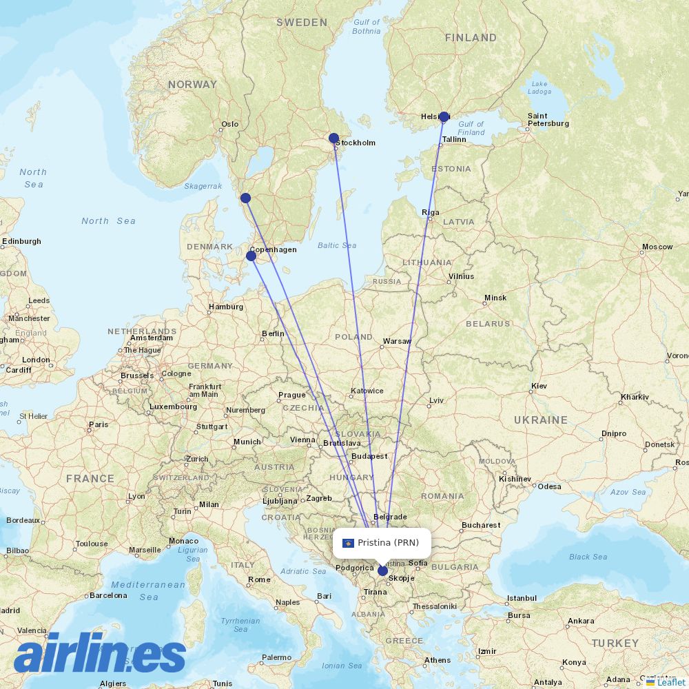 Norwegian Air Sweden from Pristina destination map