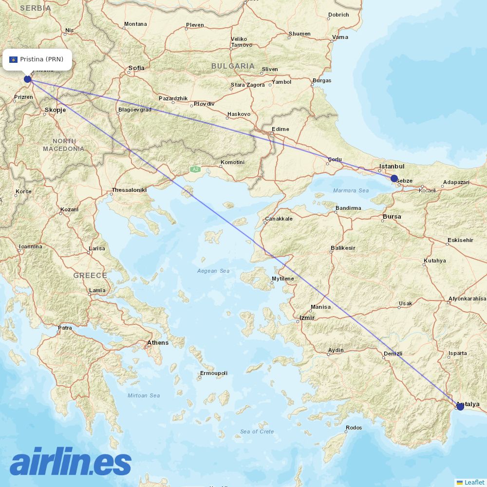 Pegasus from Pristina destination map