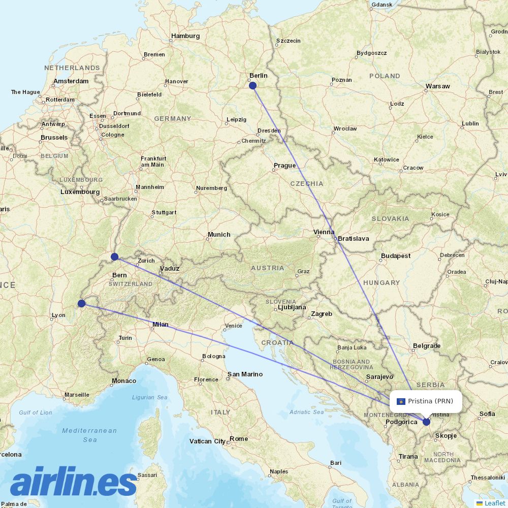 easyJet from Pristina destination map