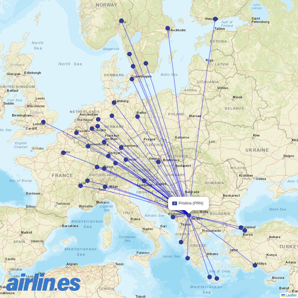 SunExpress from Pristina destination map