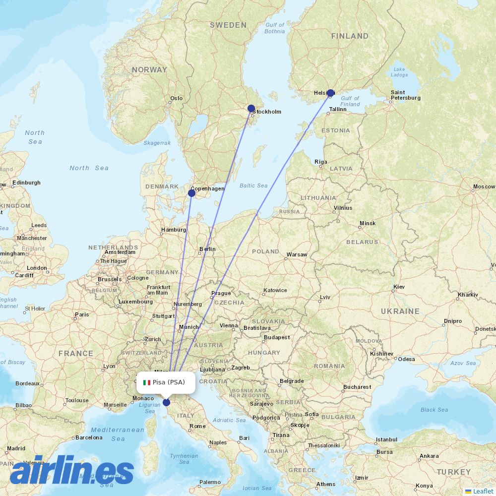 Norwegian Air Sweden from Pisa International Airport destination map