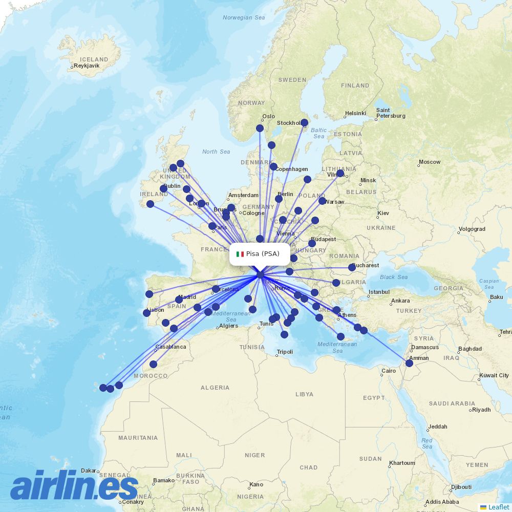 Ryanair from Pisa International Airport destination map