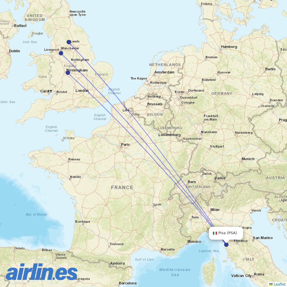 Jet2 from Pisa International Airport destination map