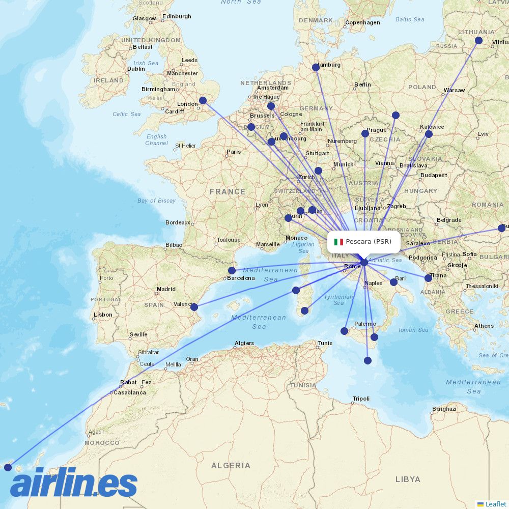 Ryanair from Pescara destination map