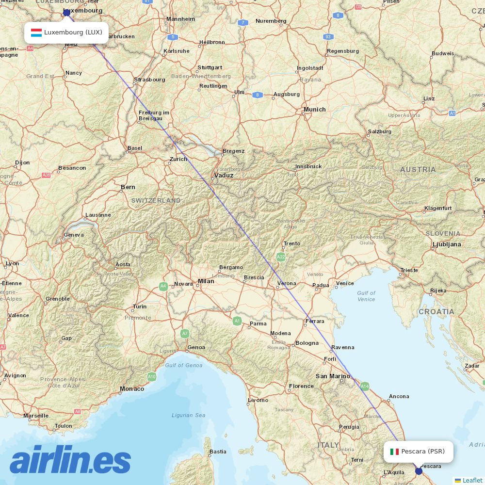 Luxair from Pescara destination map