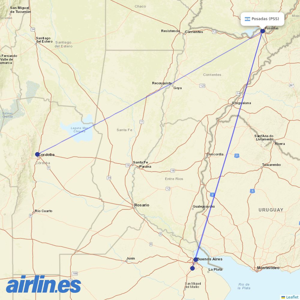 Aerolineas Argentinas from Posadas destination map