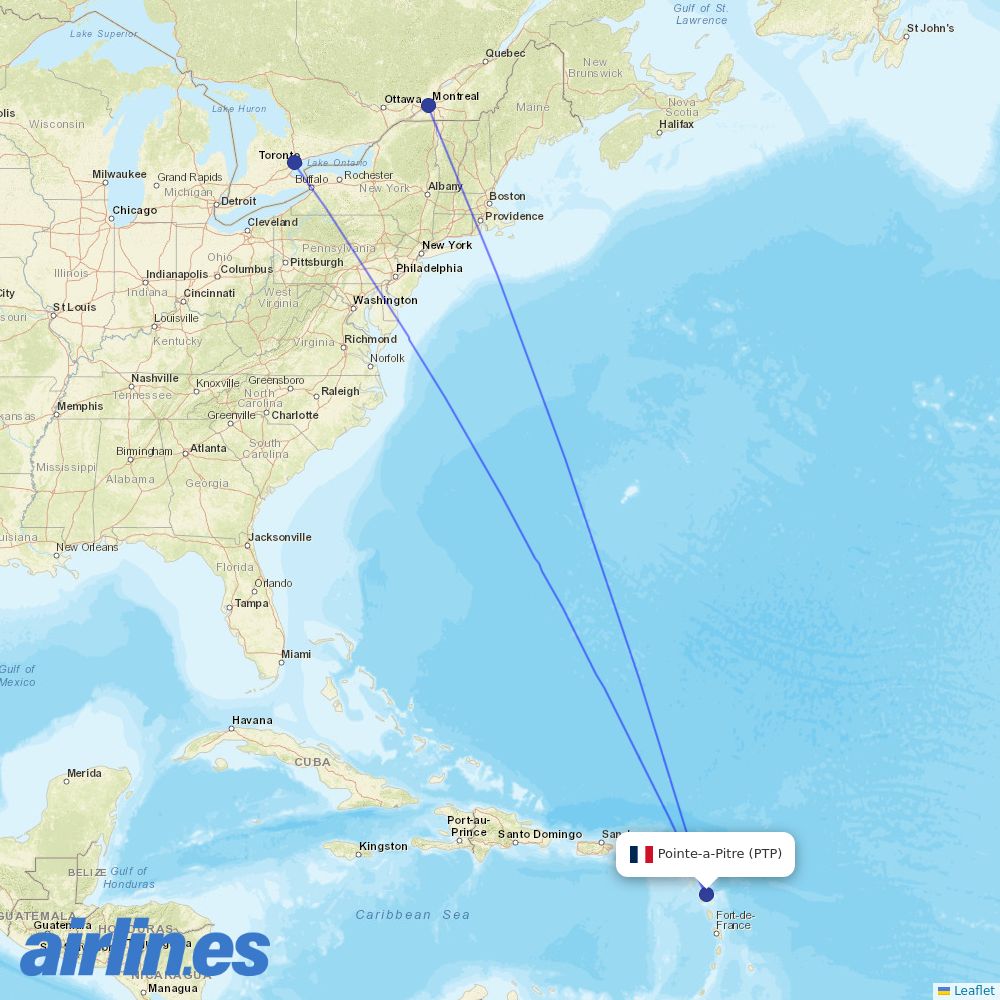 Air Canada from Le Raizet destination map