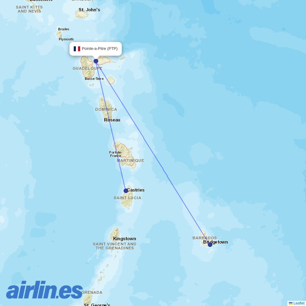 Caribbean Airlines from Le Raizet destination map