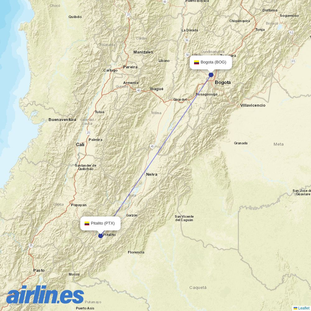 SATENA from Pitalito Airport destination map