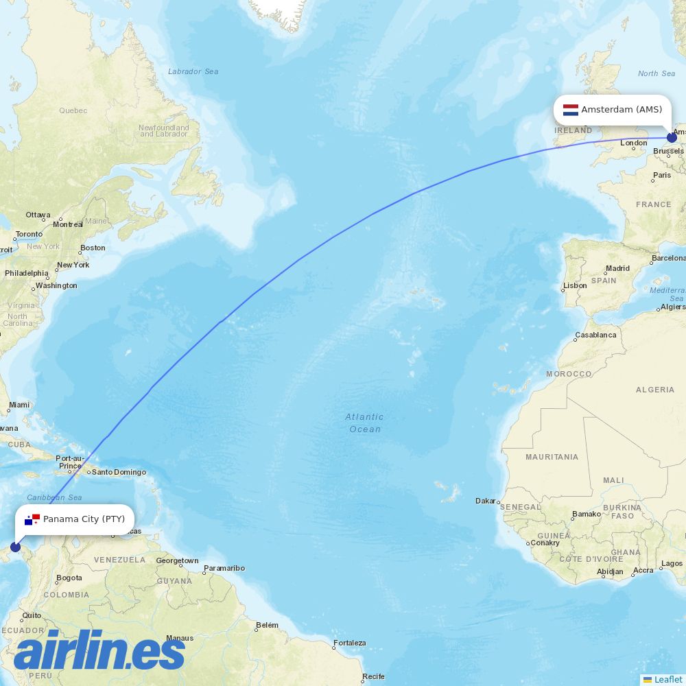 KLM from Tocumen International destination map