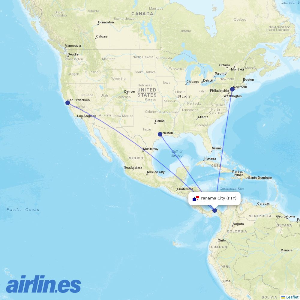 United Airlines from Tocumen International destination map