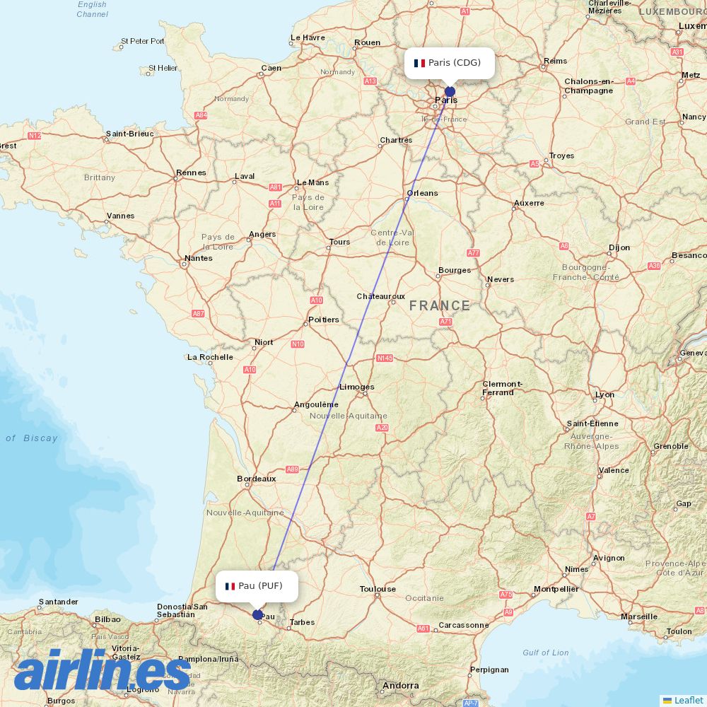 Air France from Pau Pyrenees destination map