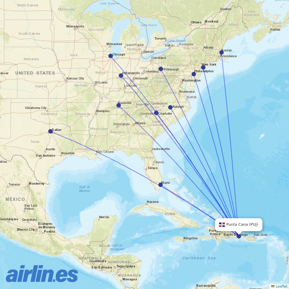 American Airlines from Punta Cana International Airport destination map