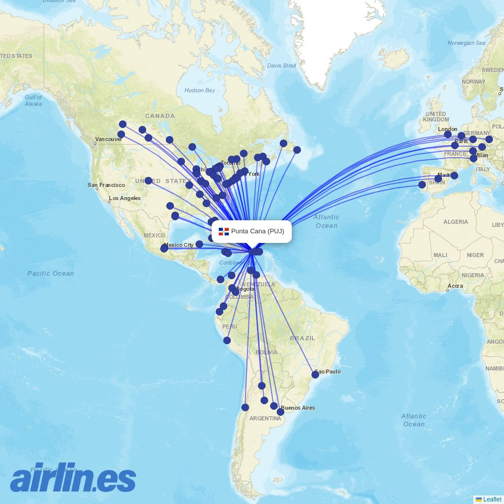 Flair Airlines from Punta Cana International Airport destination map