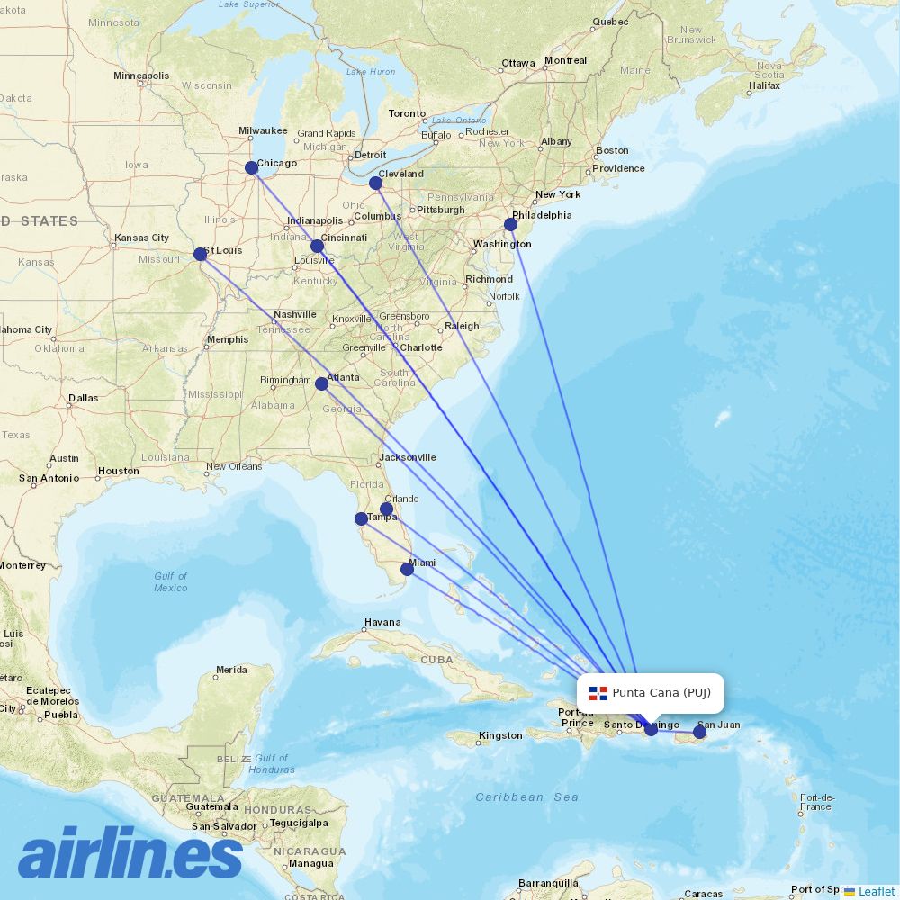 Frontier Airlines from Punta Cana International Airport destination map