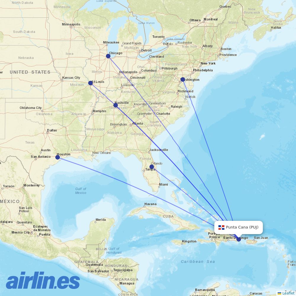 Southwest Airlines from Punta Cana International Airport destination map
