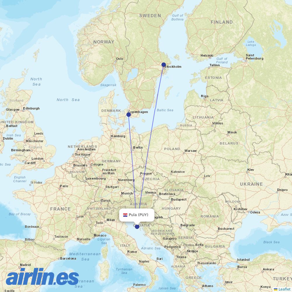 Norwegian Air Sweden from Pula destination map