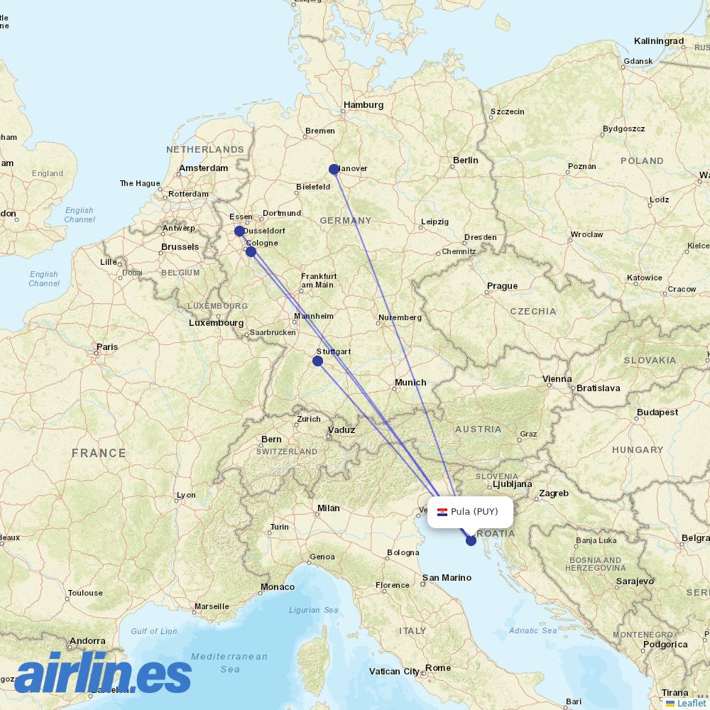 Eurowings from Pula destination map