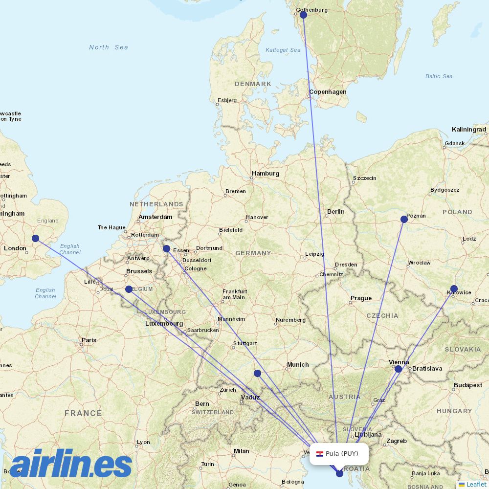 Ryanair from Pula destination map