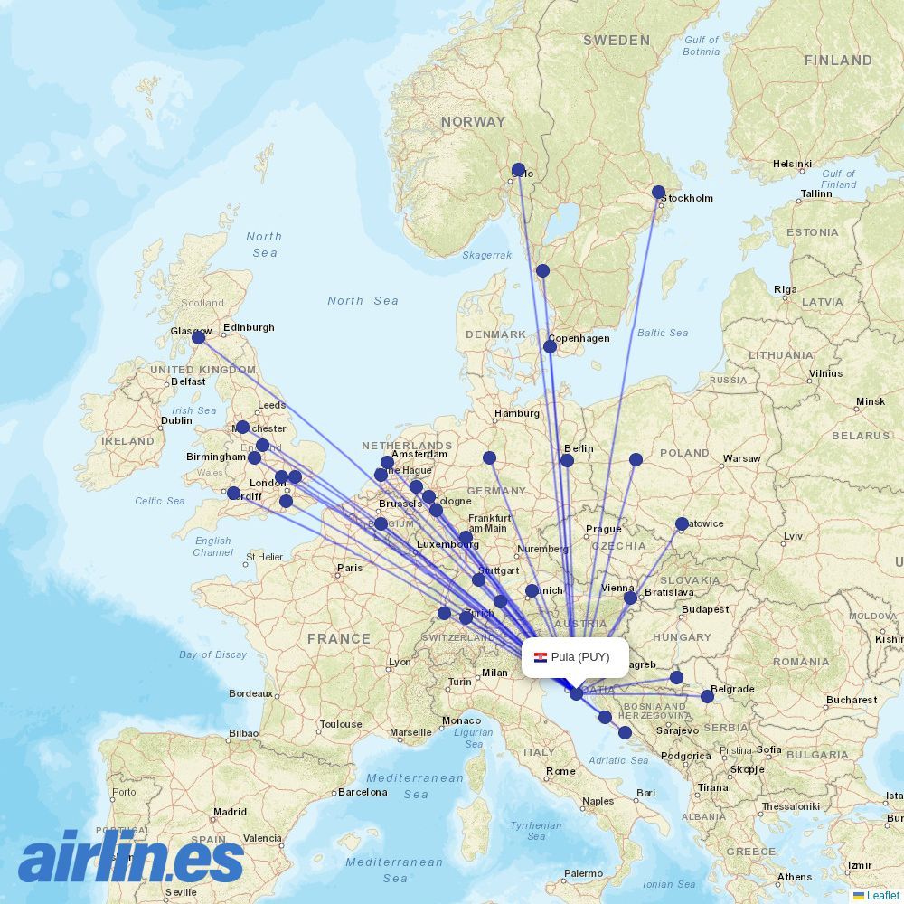 Jet2 from Pula destination map