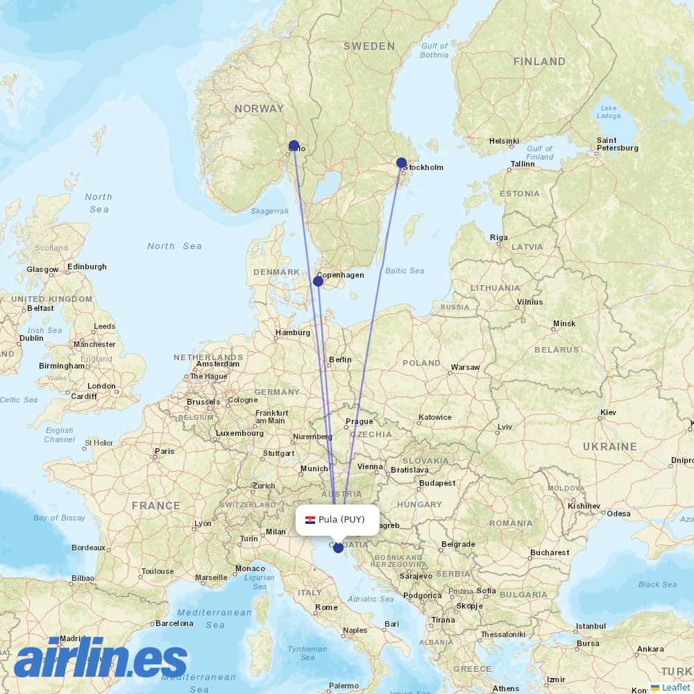Scandinavian Airlines from Pula destination map
