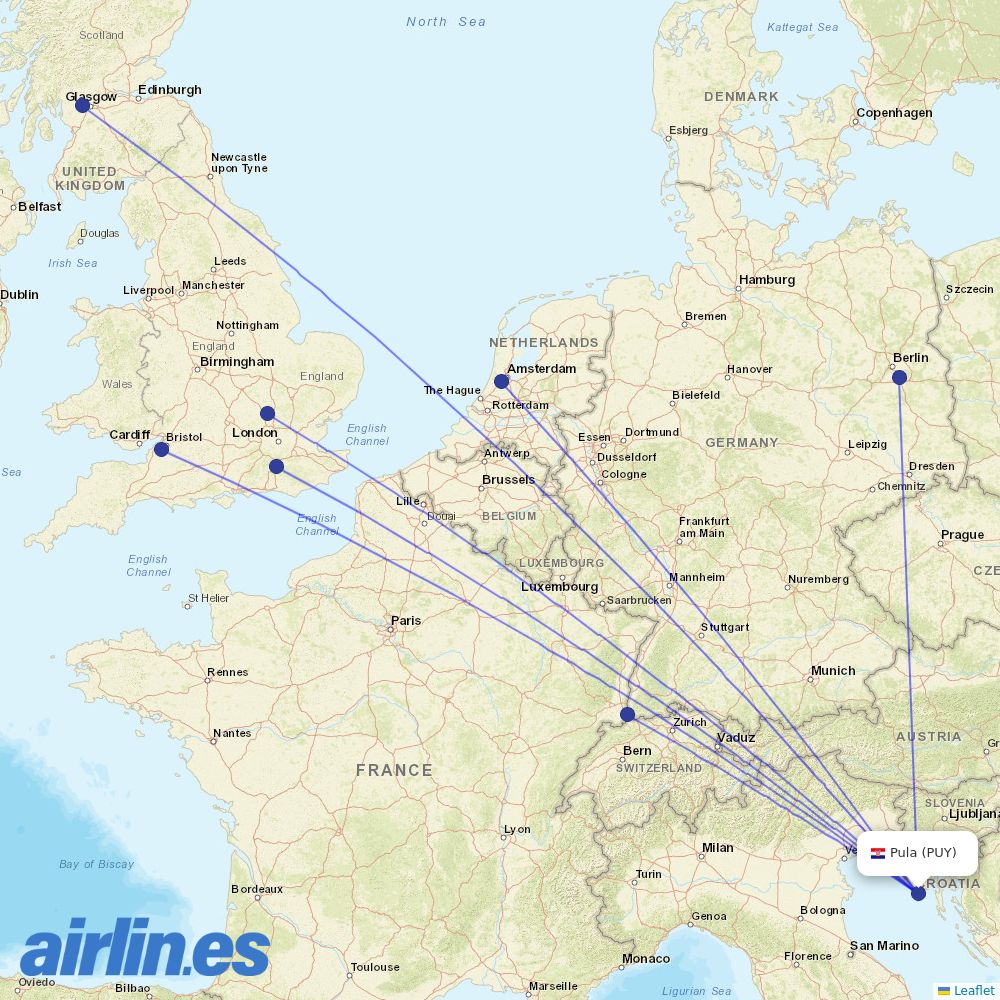 easyJet from Pula destination map