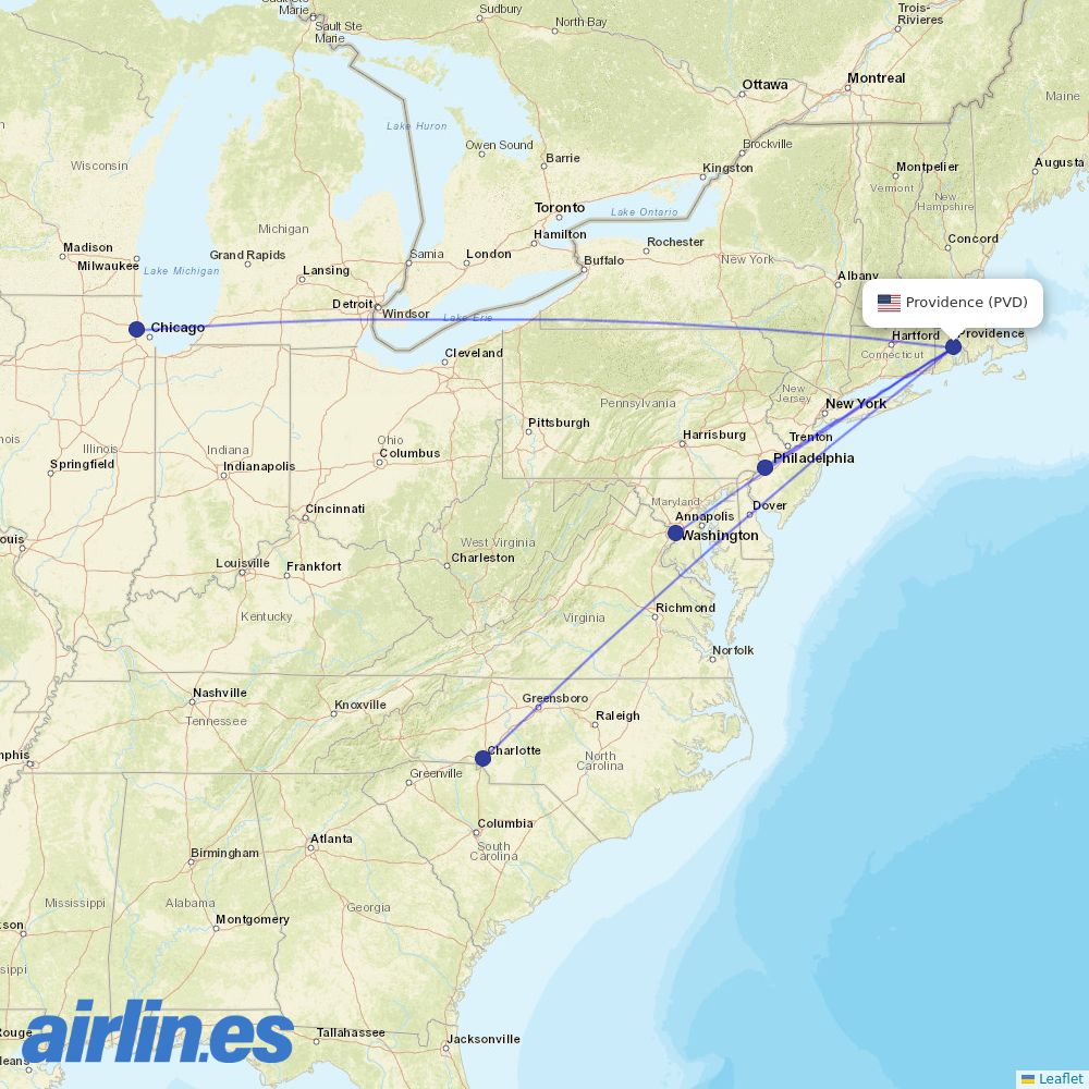 American Airlines from Theodore Francis Green State destination map