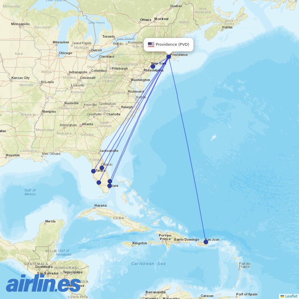 JetBlue Airways from Theodore Francis Green State destination map