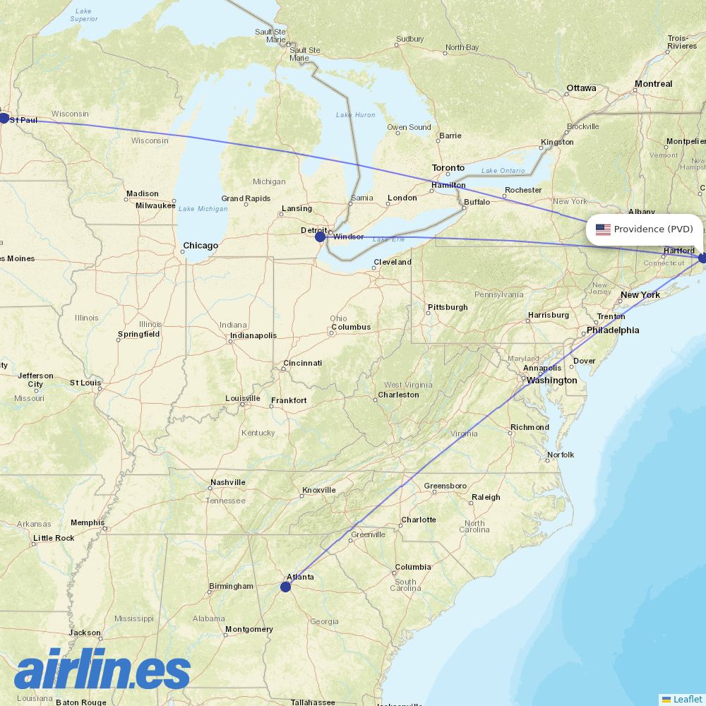 Delta Air Lines from Theodore Francis Green State destination map