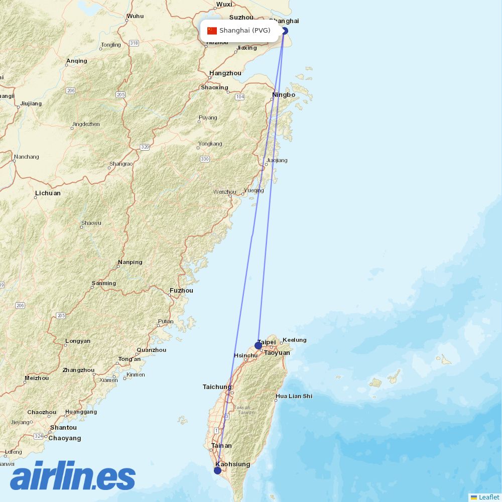 EVA Air from Shanghai Pudong International Airport destination map