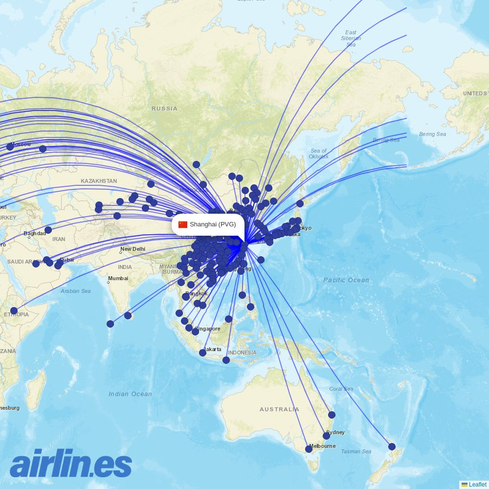 Urumqi Airlines from Shanghai Pudong International Airport destination map