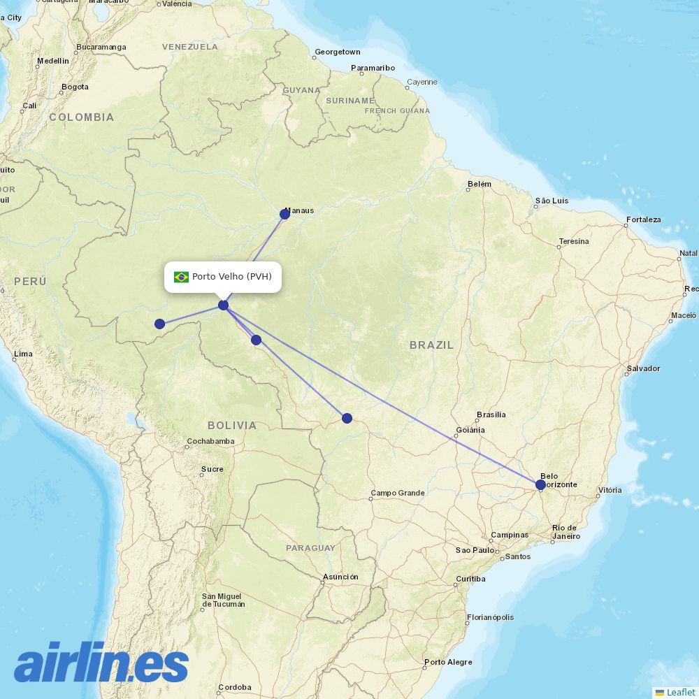 Azul from Governador Jorge Teixeira De Oliveira destination map