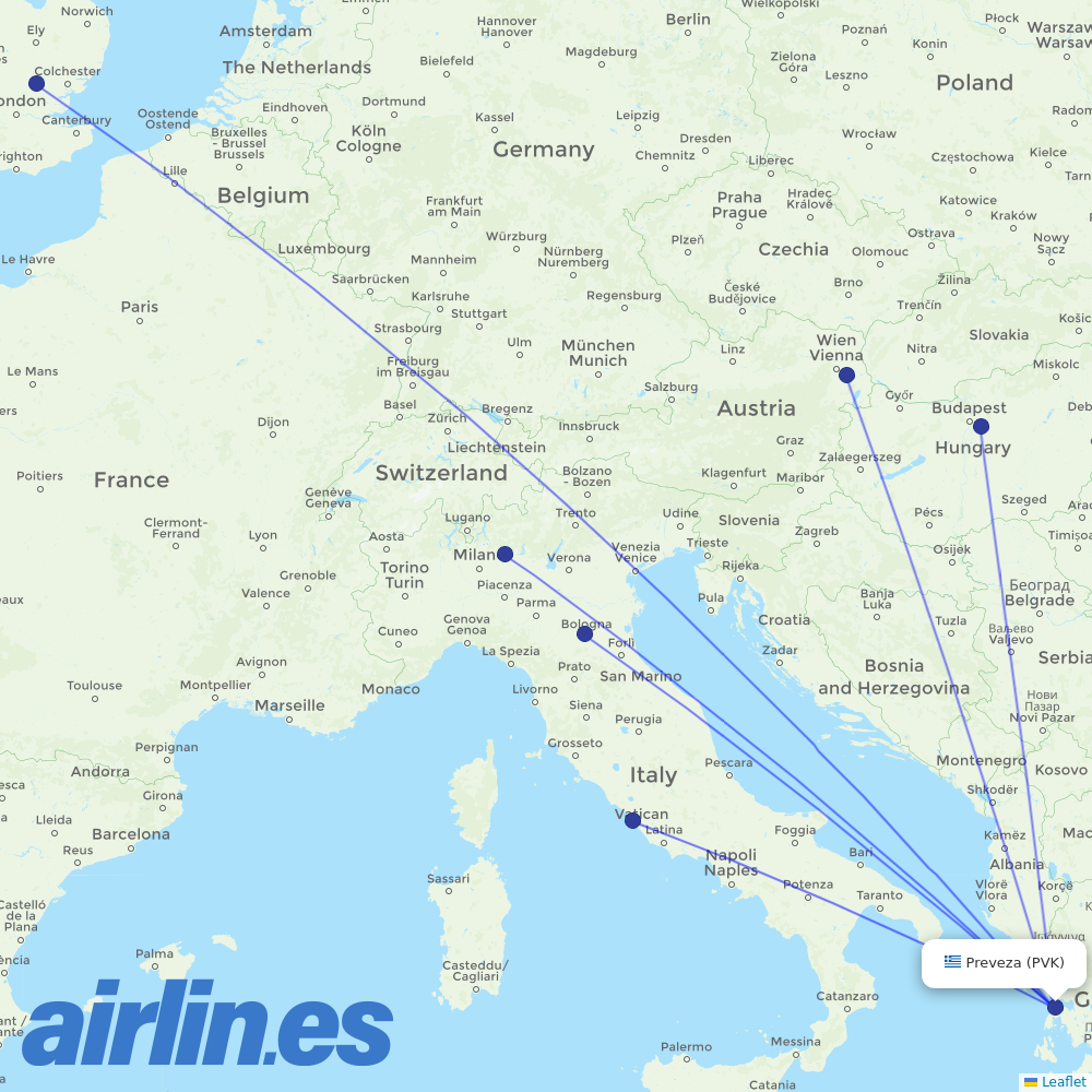 Ryanair from Aktio destination map