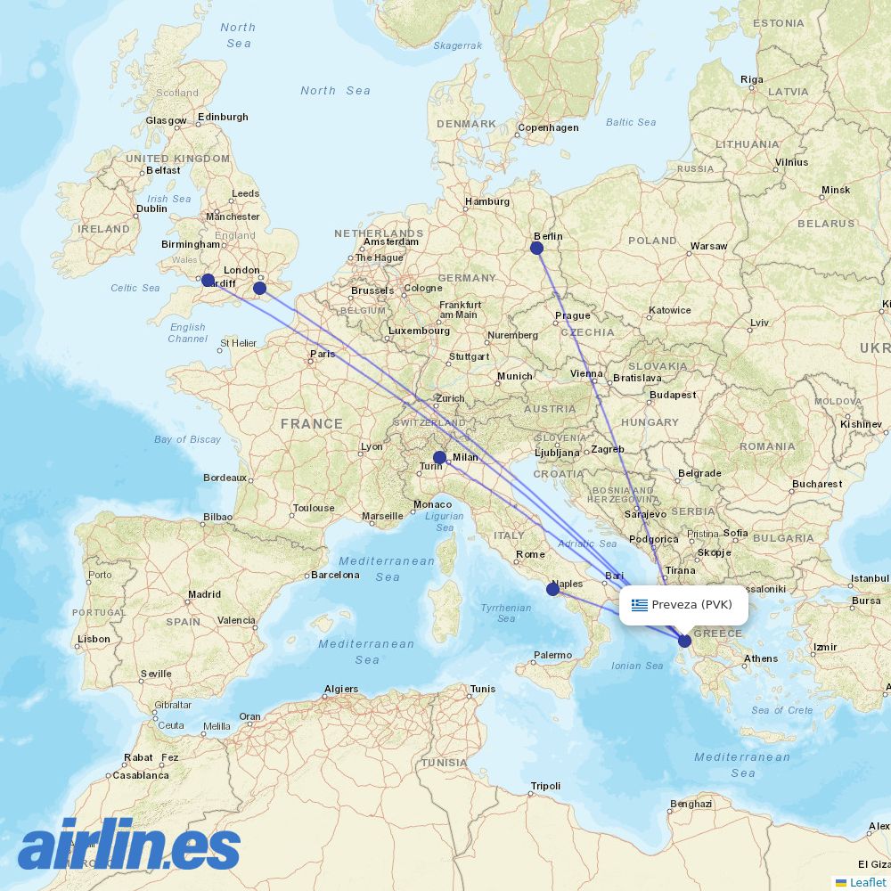 easyJet from Aktio destination map