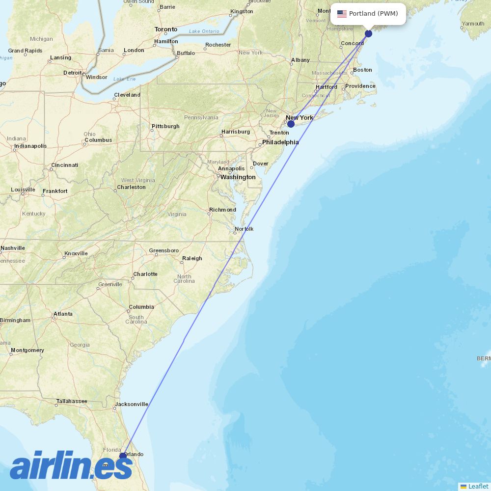 JetBlue Airways from Portland International Jetport destination map