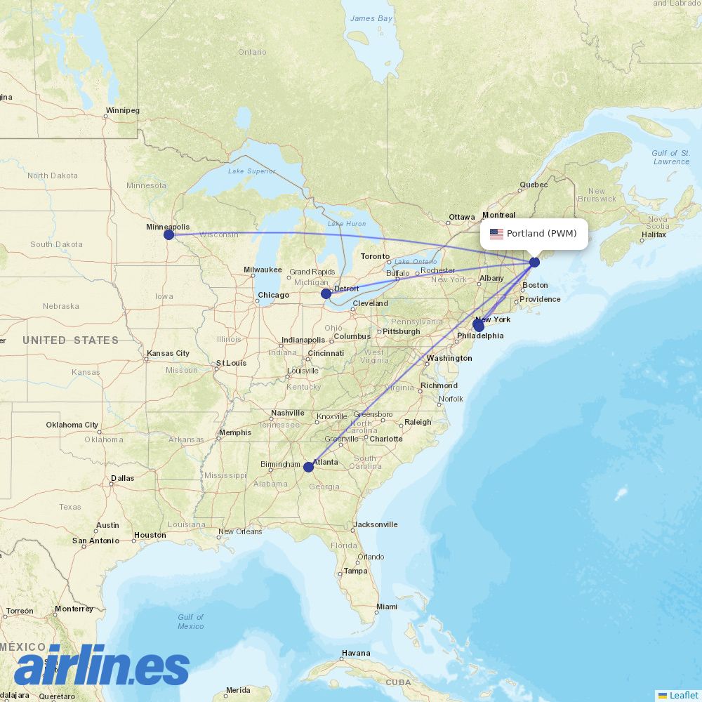 Delta Air Lines from Portland International Jetport destination map