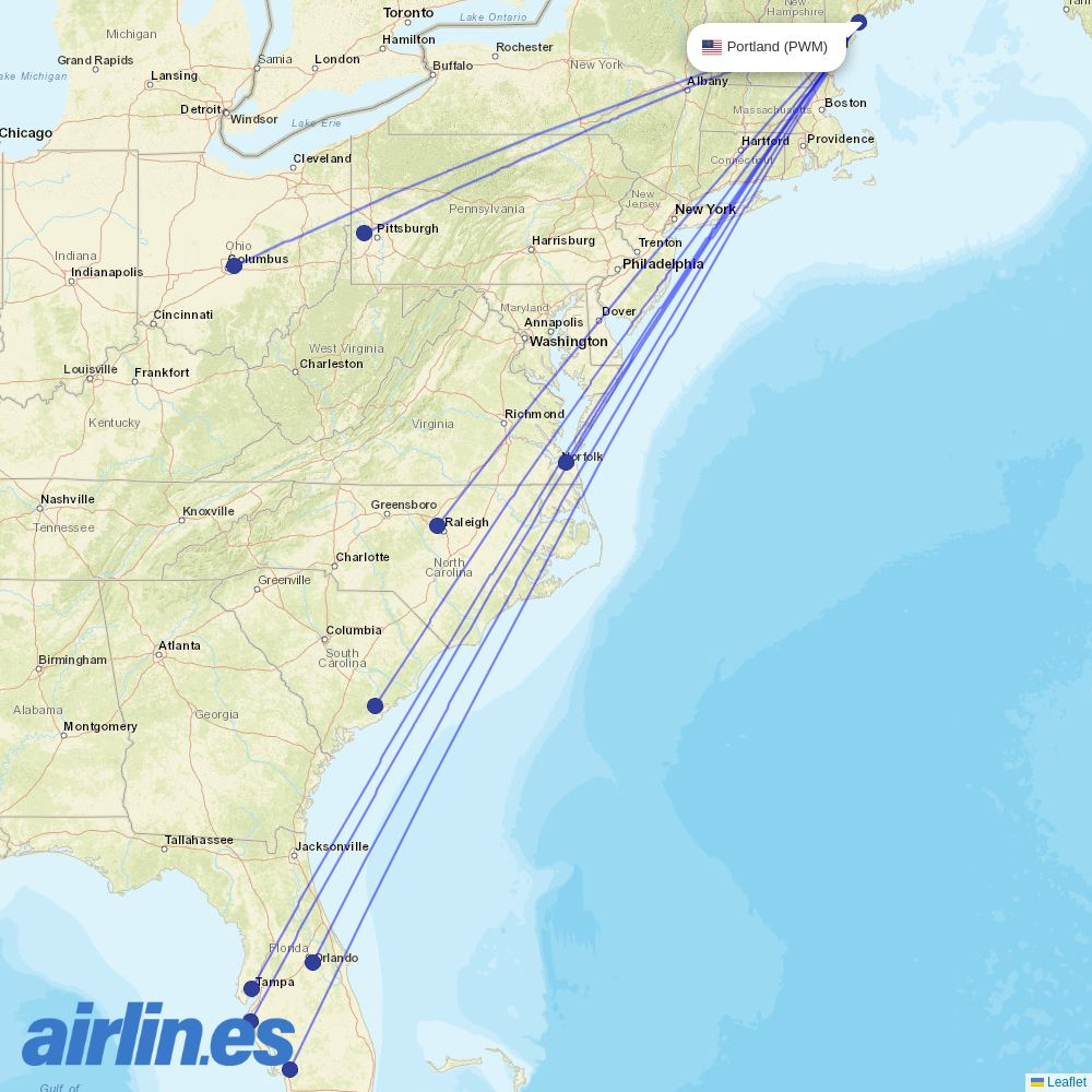 Breeze Airways from Portland International Jetport destination map