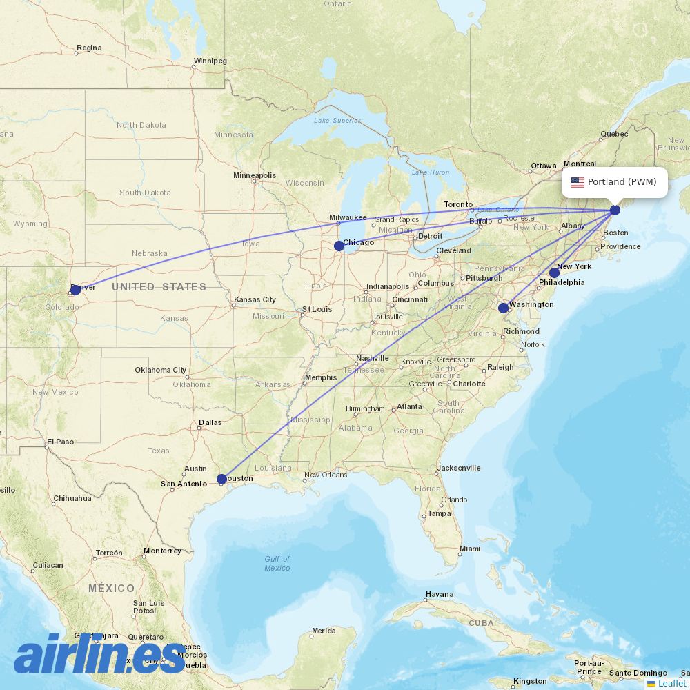 United Airlines from Portland International Jetport destination map