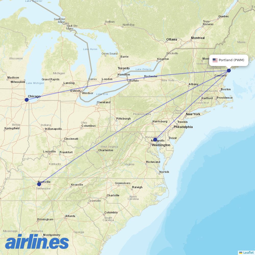 Southwest Airlines from Portland International Jetport destination map