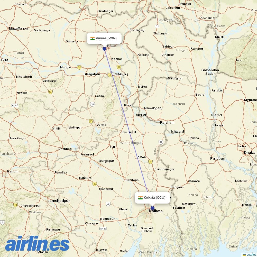 IndiGo from Purnea Airport destination map