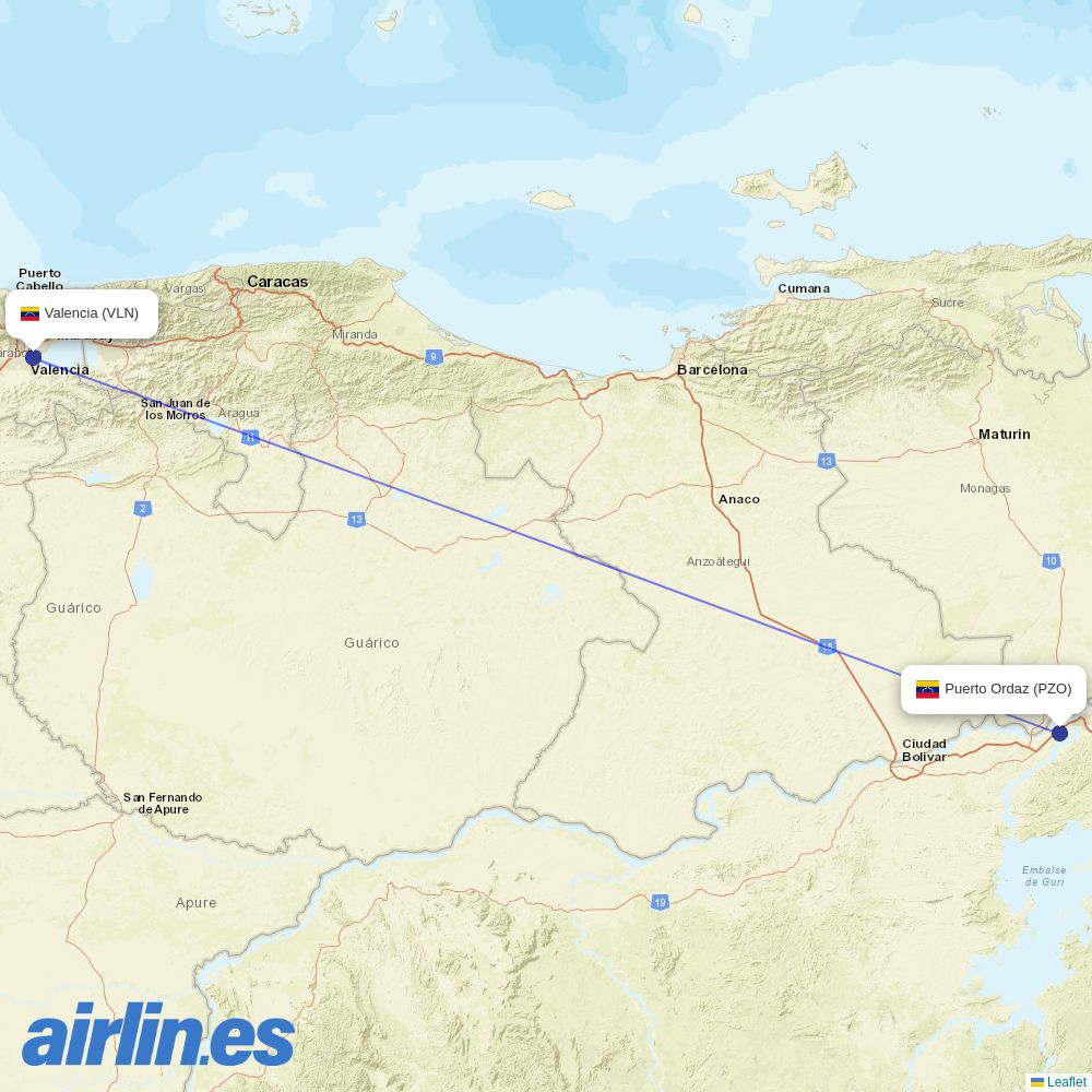 Turpial Airlines at PZO route map