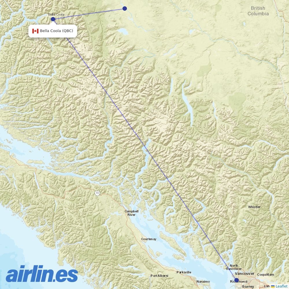 Pacific Coastal Airlines from Bella Coola Airport destination map